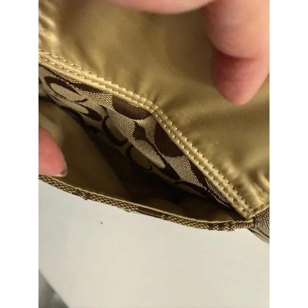Coach Signature Canvas Crossbody Bag Brown Khaki Front Turnlock Pocket Gold Trim